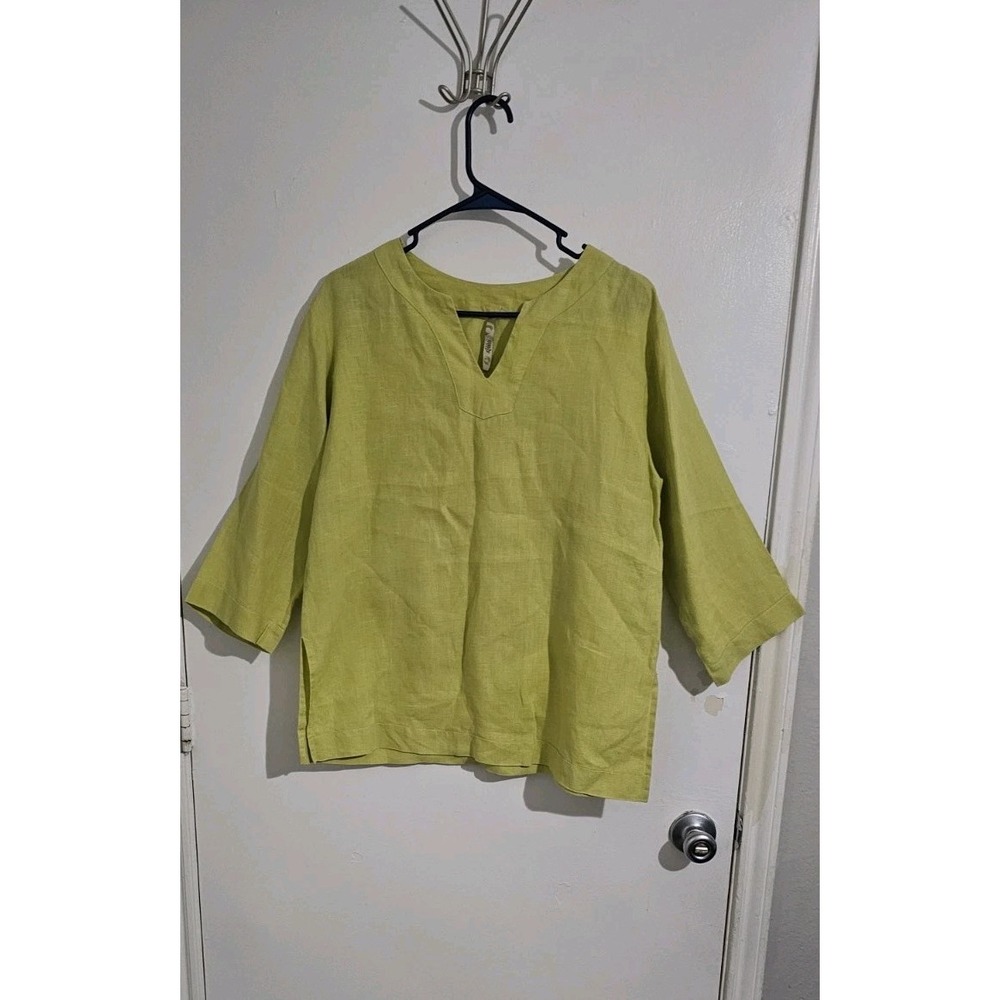 Comfy USA Tunic Top Womens Small Green V-Neck Lagenlook Minimalist Mature Coasta